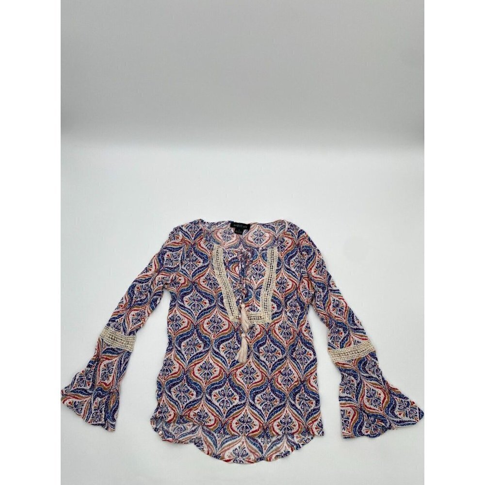 August Silk Women's Ruffle Sleeve Multicolor Graphic Print Blouse Size Medium